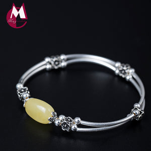 Natural Stone Beeswax Bangle On The Leg Vintage Flower Beads 100% 925 Sterling Silver Bracelet For Women Fine Jewelry YB28