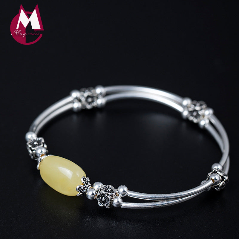 Natural Stone Beeswax Bangle On The Leg Vintage Flower Beads 100% 925 Sterling Silver Bracelet For Women Fine Jewelry YB28