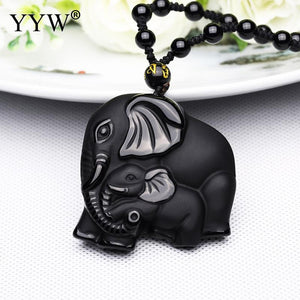 Natural Stone Black Obsidian Carved Mother & Baby Elephant Amulet Lucky Pendant Necklace Men Women Jewelry Chinese Handmade Gift