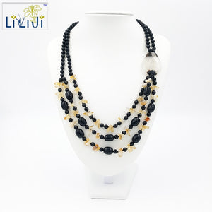 Natural Stone Citrine, Black Agate,Crystal Agate 3strands Handmade Knitting Necklace Fashion Women Jewelry