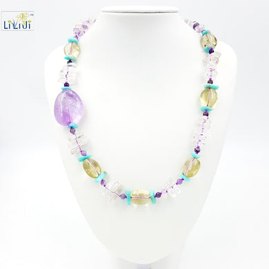 Natural Stone Clear Quartz ,Lemon Quartz ,Amethysr,Amazonite with 925 Sterling silver Clasp Necklace Fashion Women Jewelry