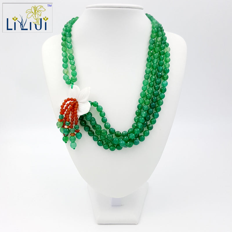 Natural Stone Color Green Agate,White Jade Flower Necklace Approx 66cm Fashion Women Jewelry