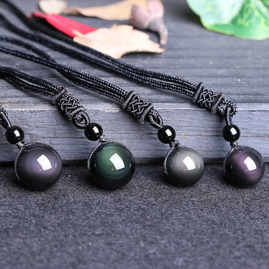 Natural Stone Jewelry Women Men Black Obsidian Rainbow Eye Beads Ball Pendant Necklace Lucky Round Stone Pendant Jewelry 2018