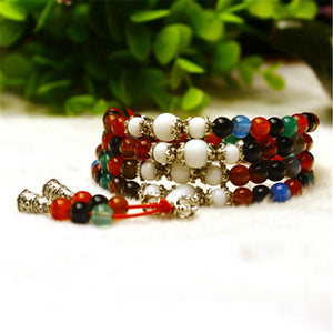 Natural Stone Mix Color Agate Bracelet Round Bead Silver Alabaster Lucky Bangle Women Crystal Quartz Jewelry Love Energy Gift