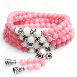 Natural Stone Pink Chalcedony Bracelet Round Bead Silver White Shell Lucky Bangle Women Crystal Quartz Jewelry Love Energy Gift