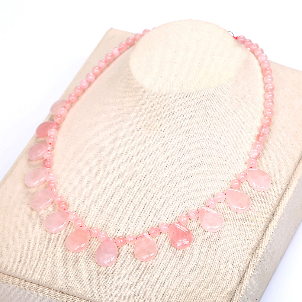 Natural Stone Pink Crystal Rose Quartz Necklace Water Drop Beads Chain Fine Jewelry Women Romantic Crystal Party Gothic Necklace