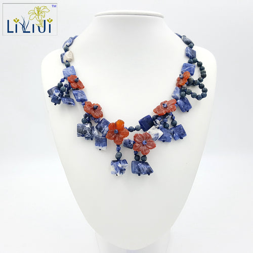 Sodalite in pietra naturale, fiori di agata rossa con collana con chiusura a ginocchiera in giada 