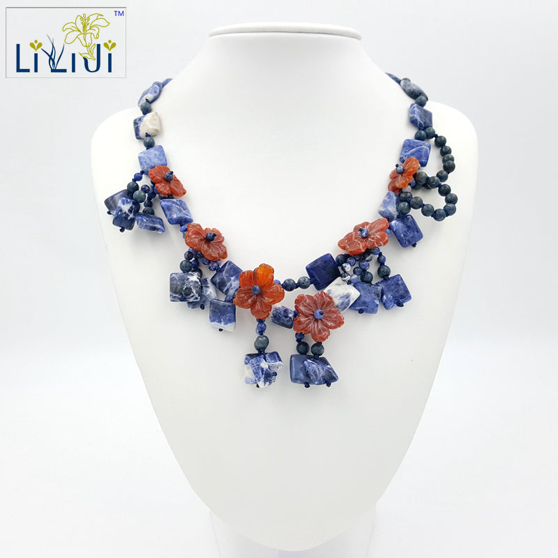 Natural Stone Sodalite ,Red Agate Flowers with Jade Toggle Clasp Necklace