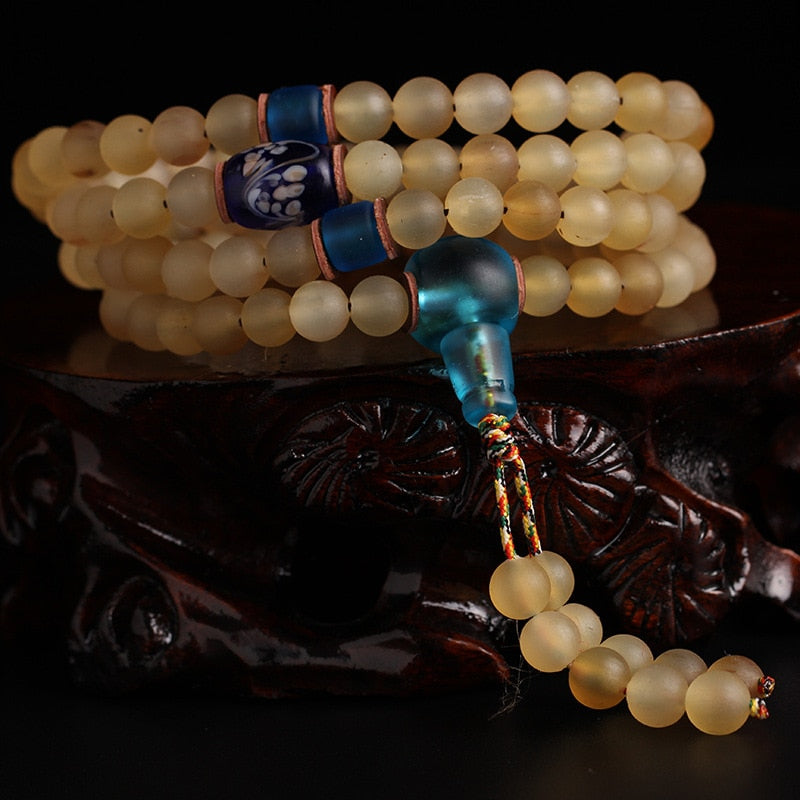 Natural Tibetan A+ Horn Buddhist 108 Prayer Beads with Colored Glaze Japa Mala Beads Rosary Bracelets Buddhist Meditation
