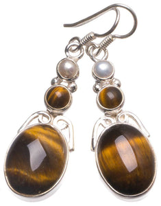 Natural Tiger Eye and River Pearl Handmade Vintage 925 Sterling Silver Earrings 2 U0975