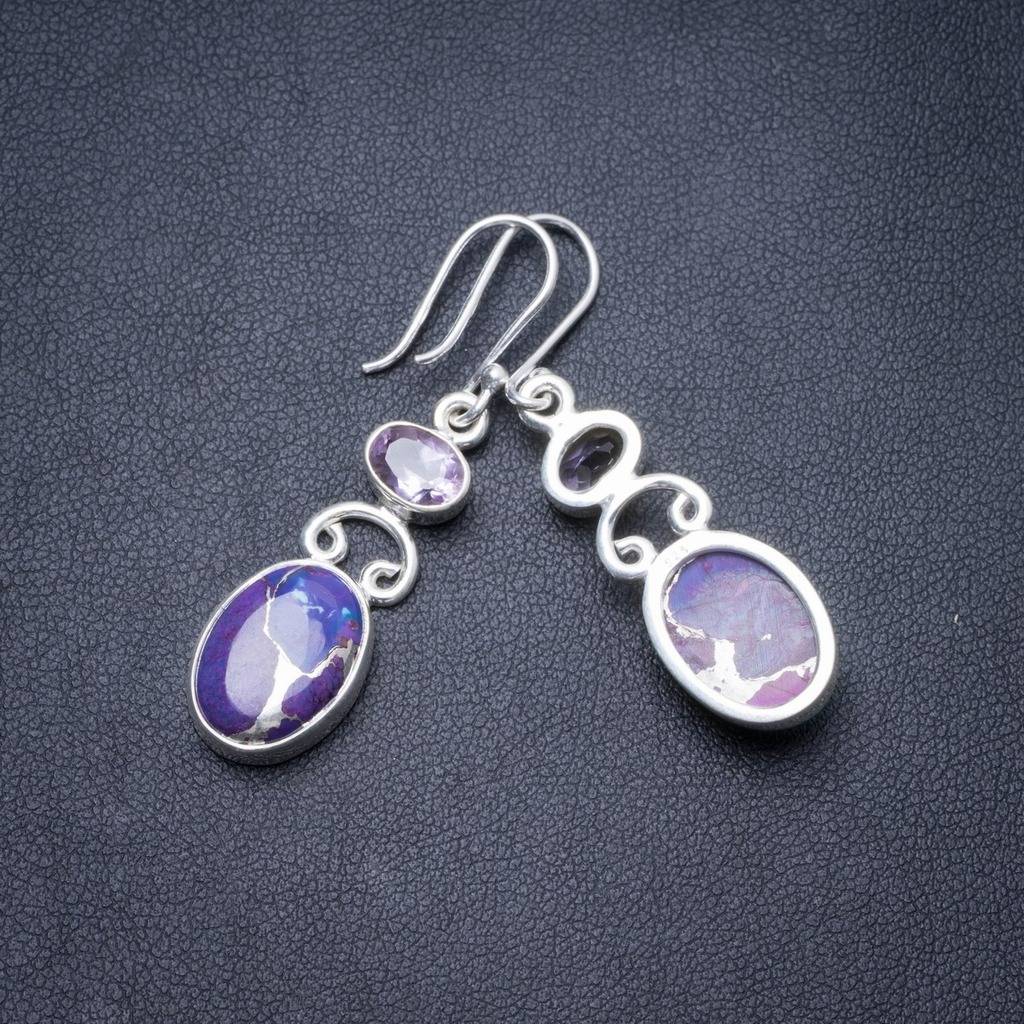 Natural Turquoise and Amethyst Handmade Unique 925 Sterling Silver Earrings 1.75 Y3029