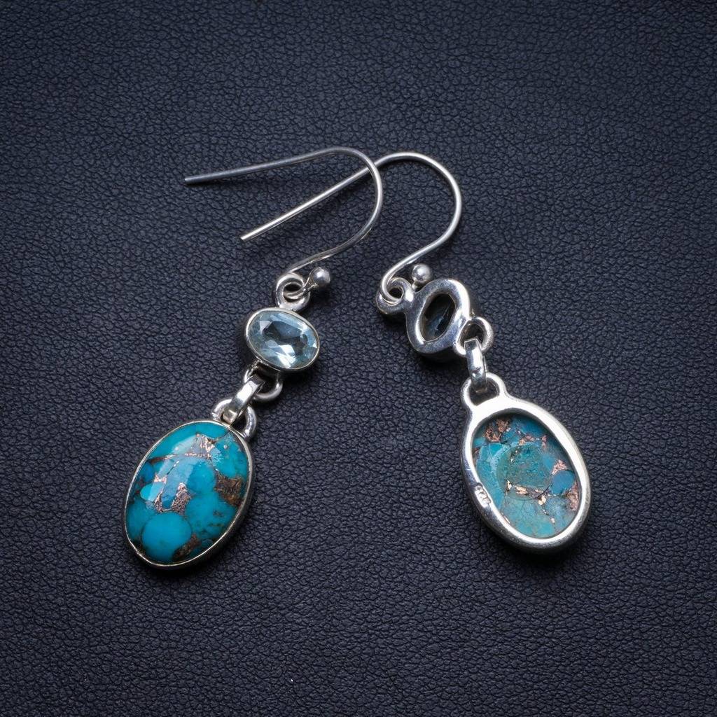 Natural Turquoise and Blue Topaz Handmade Unique 925 Sterling Silver Earrings 1.5 X3832