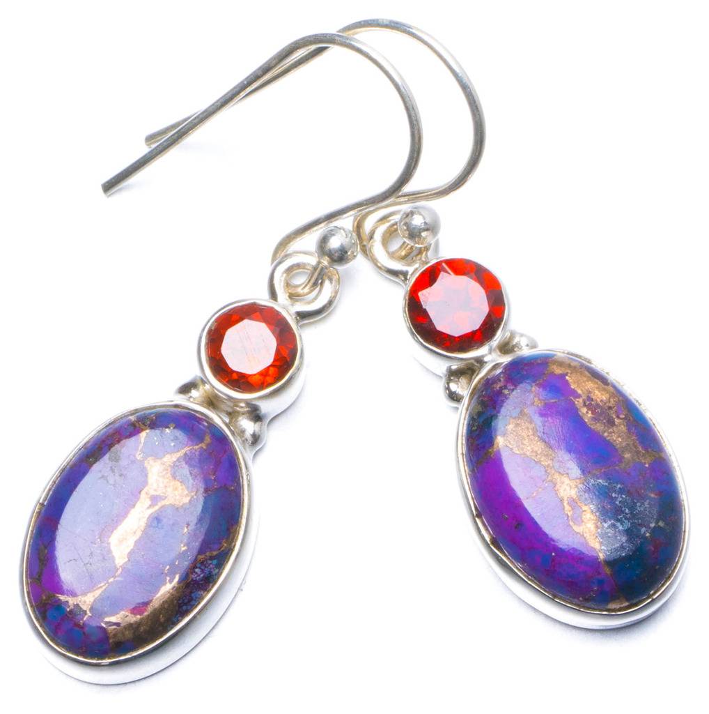 Natural Turquoise and Garnet Handmade Unique 925 Sterling Silver Earrings 1.5 Y0607