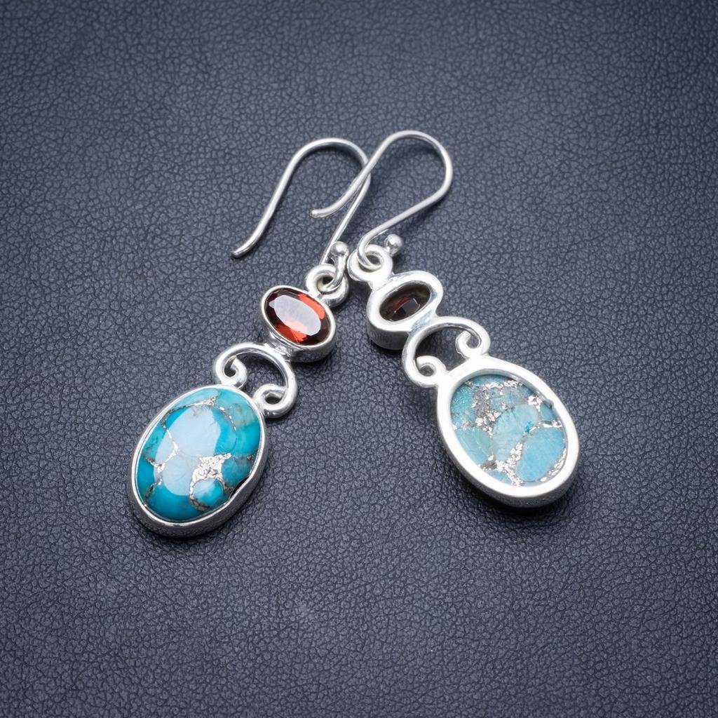 Natural Turquoise and Garnet Handmade Unique 925 Sterling Silver Earrings 1.75 Y3747