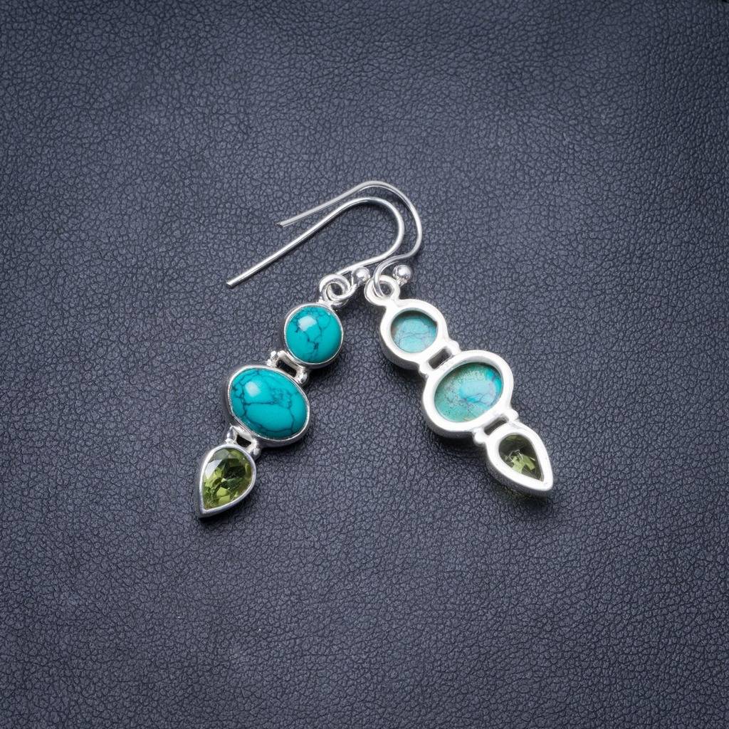 Natural Turquoise and Peridot Handmade Unique 925 Sterling Silver Earrings 1.5 Y3381