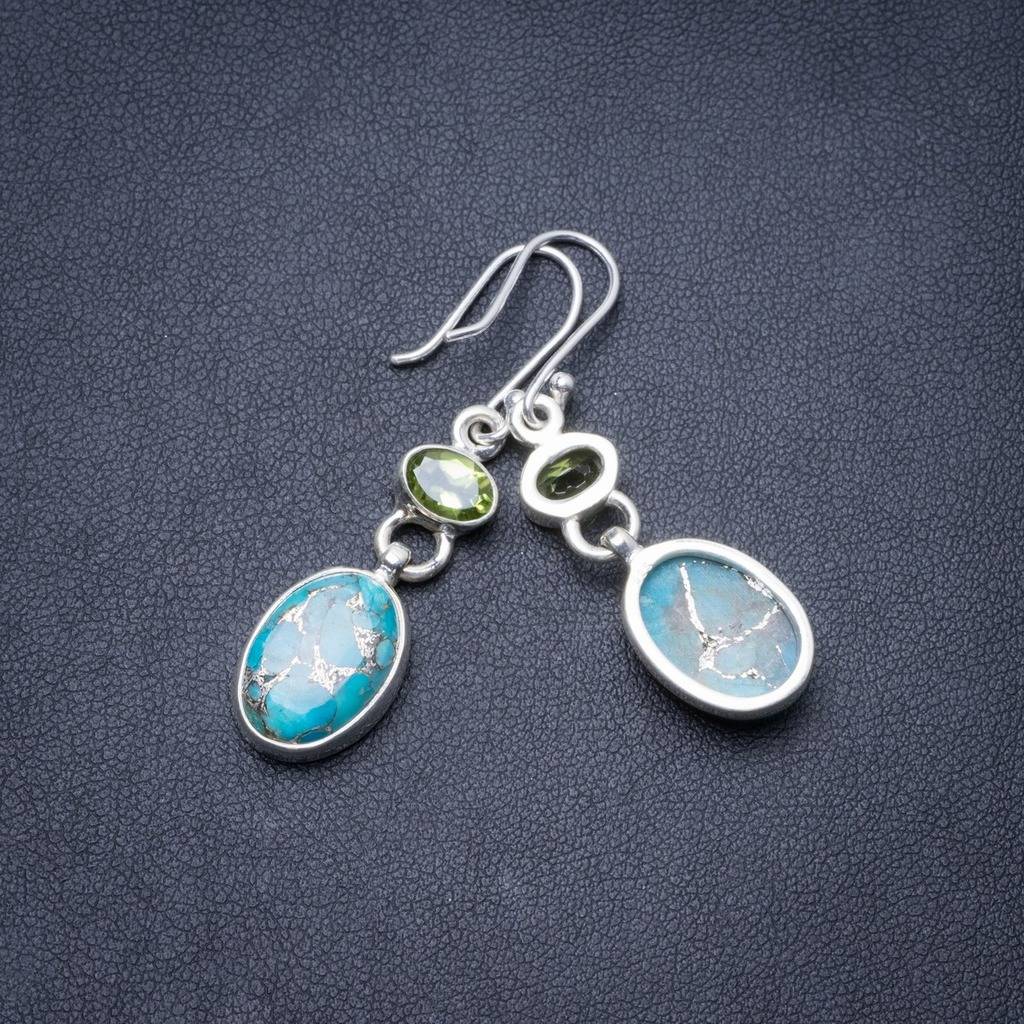 Natural Turquoise and Peridot Handmade Unique 925 Sterling Silver Earrings 1.75 Y3008