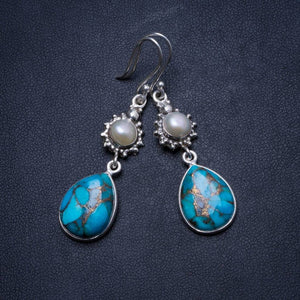 Natural Turquoise and River Pearl Handmade Unique 925 Sterling Silver Earrings 2 X3405