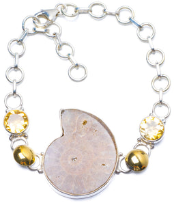 Natural Two Tones Ammonite Fossil and Citrine Handmade Unique 925 Sterling Silver Bracelet 6-8 1/4 Y0006