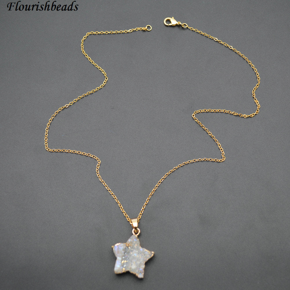 Natural White Druzy Agate Star Shape Pendant Linked Chains Necklace Fashion Woman Jewelry