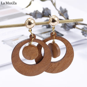 Natural Wood Earring Wooden Earrings For Women Exaggerated Statement Hollow Round Circular Stud Earrings Girls Fashion Jewelry