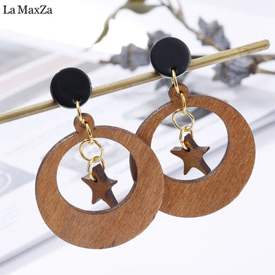 Natural Wood Earring Wooden Earrings For Women Exaggerated Statement Star Hollow Round Stud Earrings Girls Fashion Jewelry