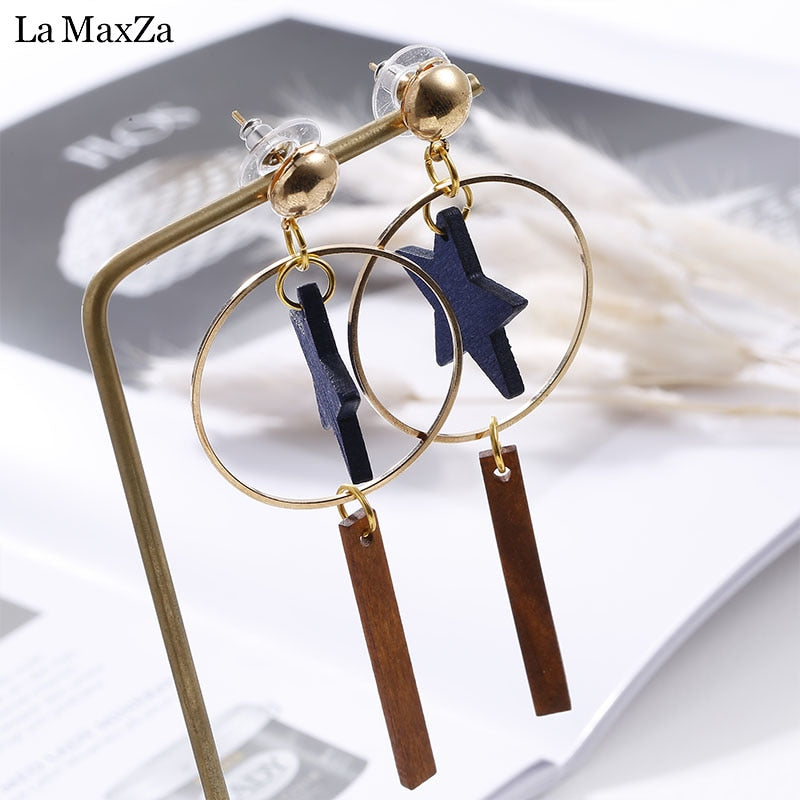 Natural Wood Earrings for Women Blue Star Hollow Alloy Dangle Earring Ethnic Fashion Statement Ear Korean Girls Jewelry Gift