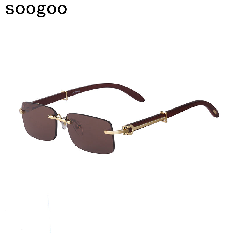 Natural Wooden Rimless Sunglasses Men 2023  Brand Designer Retro Classic Rectangle Frameless Sun Glasses for Male UV400