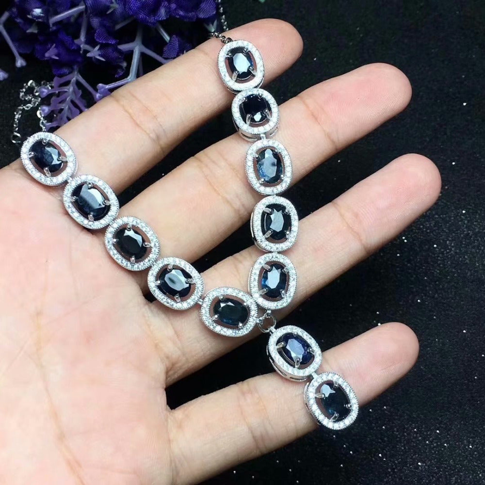 Natural black blue sapphire Necklace natural gemstone Pendant Necklace S925 silver Classical round women gift party fine Jewelry