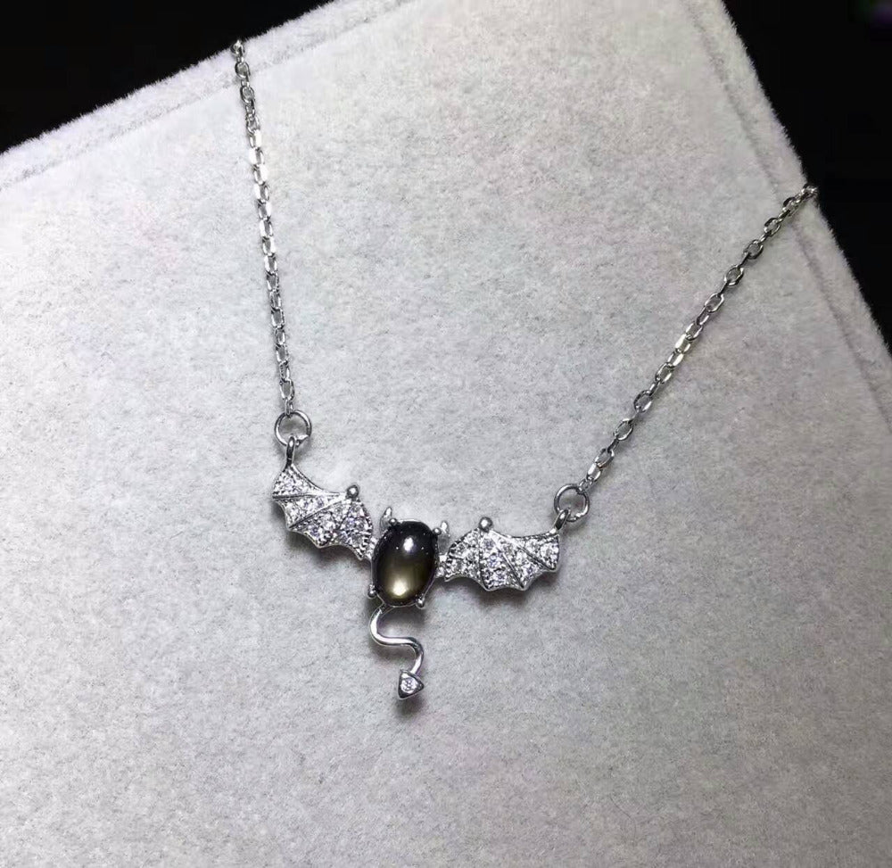 Natural black sapphire Necklace natural gemstone Pendant Necklace S925 silver Punk personality Evil spirits bat women Jewelry