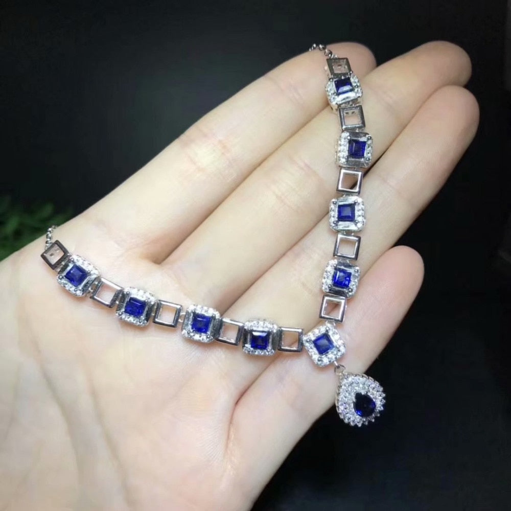 Natural blue sapphire Necklace Natural Gemstone Pendant Necklace 925 sliver women Luxury trendy square women engagement Jewelry