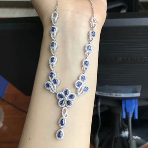 Natural blue sapphire Necklace Natural Gemstone Pendant Necklace S925 sliver luxurious personality Flower women weddings Jewelry