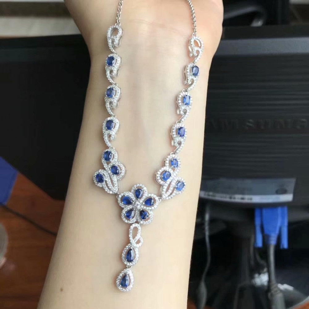 Natural blue sapphire Necklace Natural Gemstone Pendant Necklace S925 sliver luxurious personality Flower women weddings Jewelry