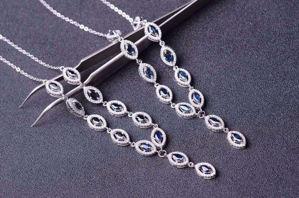Natural blue sapphire stone Necklace Natural Gemstone Pendant Necklace 925 sliver women Luxury trendy round women party Jewelry