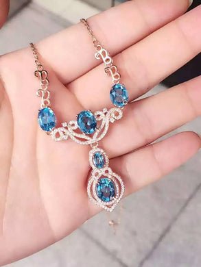 Natural blue topaz Necklace natural gemstone Pendant Necklace S925 Sterling silver trendy Water droplets women party Jewelry