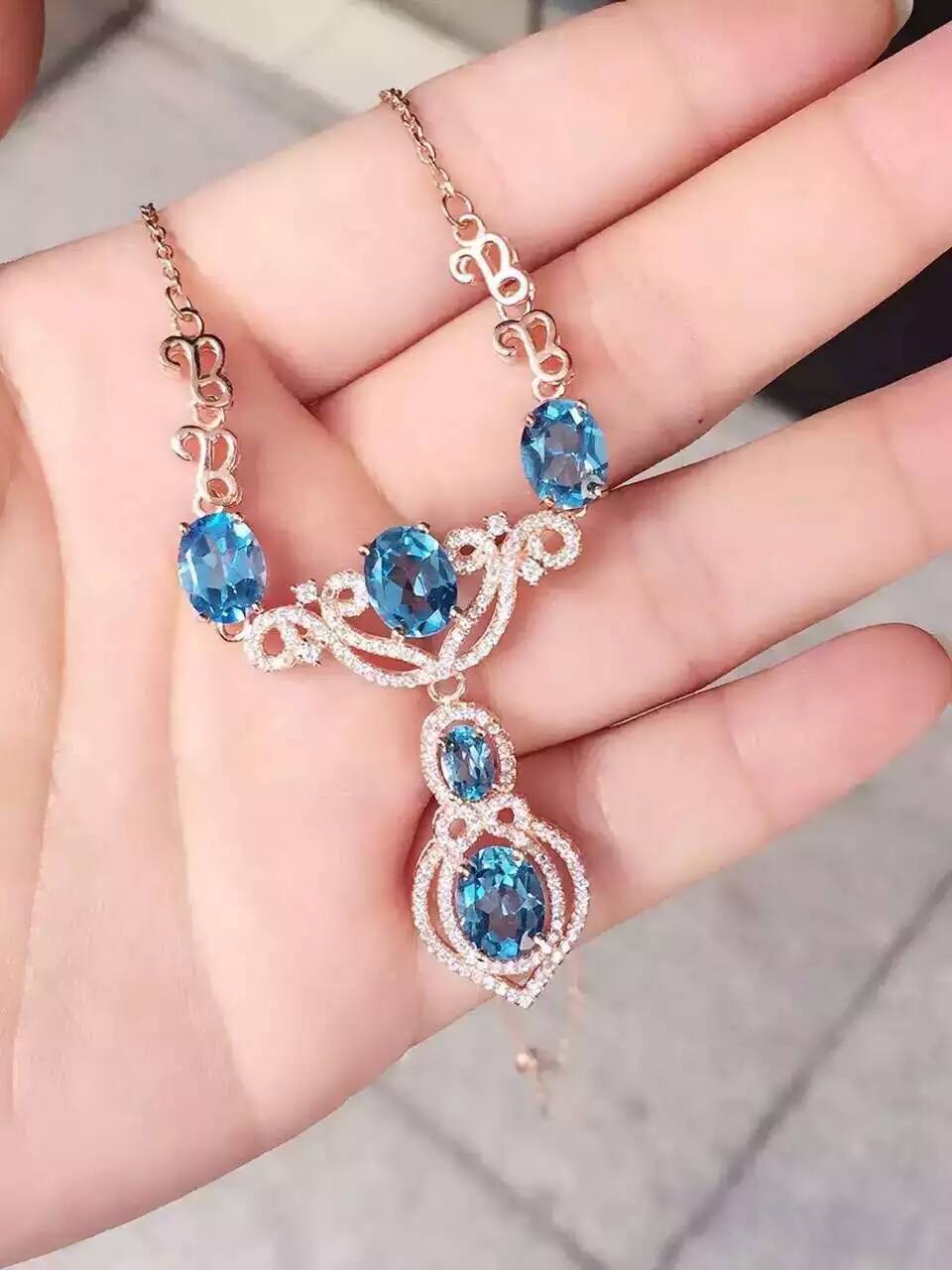 Natural blue topaz Necklace natural gemstone Pendant Necklace S925 Sterling silver trendy Water droplets women party Jewelry