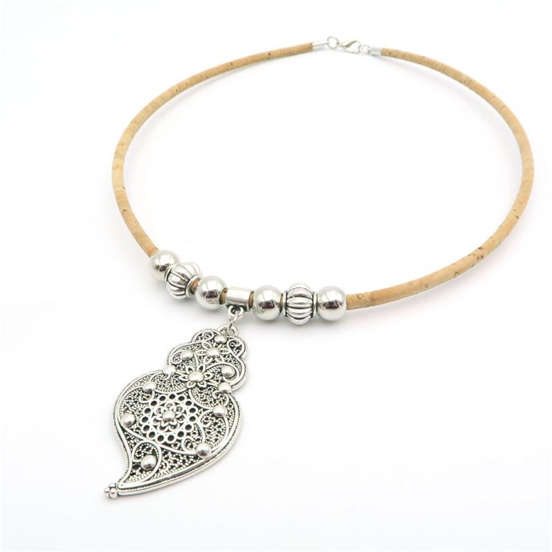 Natural cork antique Silver Viana Heart Braided Cork Cord-3mm_with balls and spik women original handmade jewelry