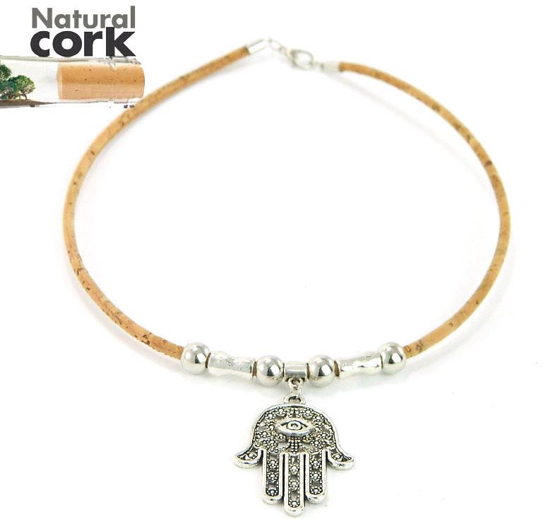 Natural cork antique Silver Viana Heart Braided Cork Cord-3mm_with balls and spik women original handmade jewelry