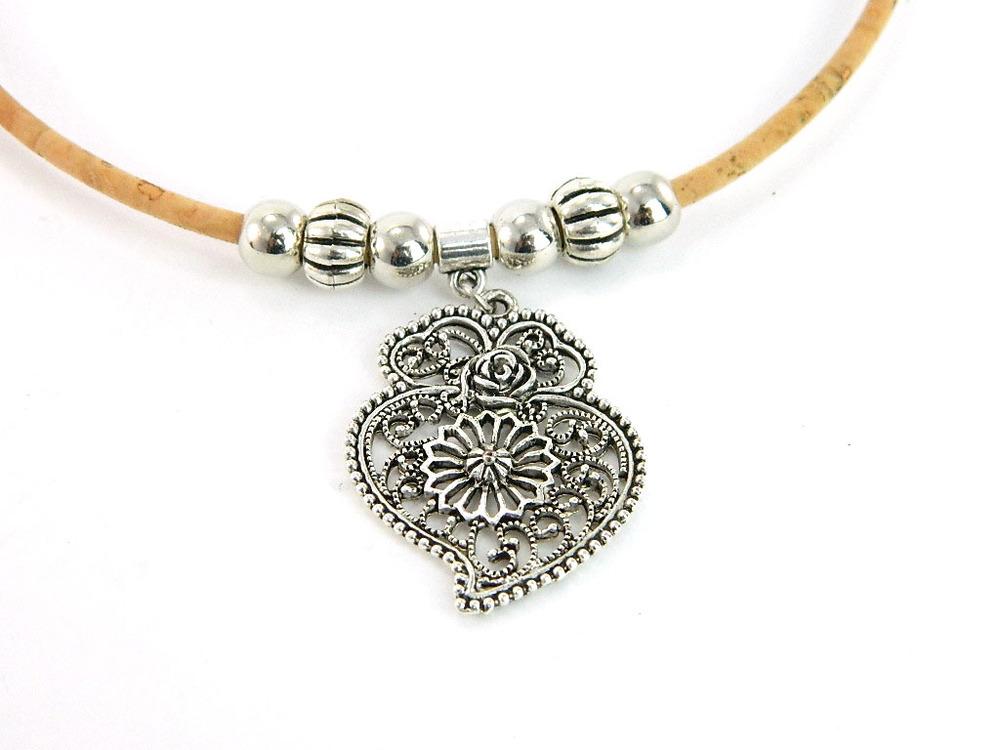 Natural cork antique Silver Viana Heart Braided Cork Cord-3mm_with balls and spik women original handmade jewelry