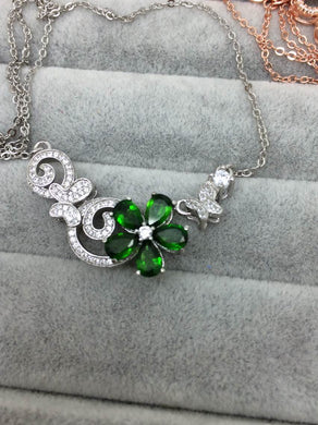 Natural green diopside Necklace Natural Gemstone Pendant Necklace S925 sliver women Luxury butterfly Flowers party fine Jewelry