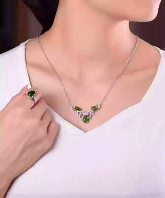 Natural green jasper Necklace natural gemstone Pendant Necklace S925 silver trendy Luxury big butterfly women party fine Jewelry