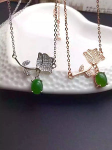 Natural green jasper Necklace natural gemstone Pendant Necklace S925 silver women Child Fashion Elegant Lotus flowers Jewelry