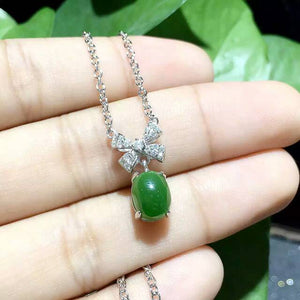 Natural green jasper Necklace natural gemstone Pendant Necklace S925 silver women Child Fashion Elegant bow butterfly Jewelry