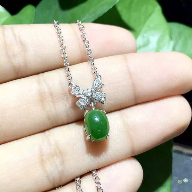 Natural green jasper Necklace natural gemstone Pendant Necklace S925 silver women Child Fashion Elegant bow butterfly Jewelry