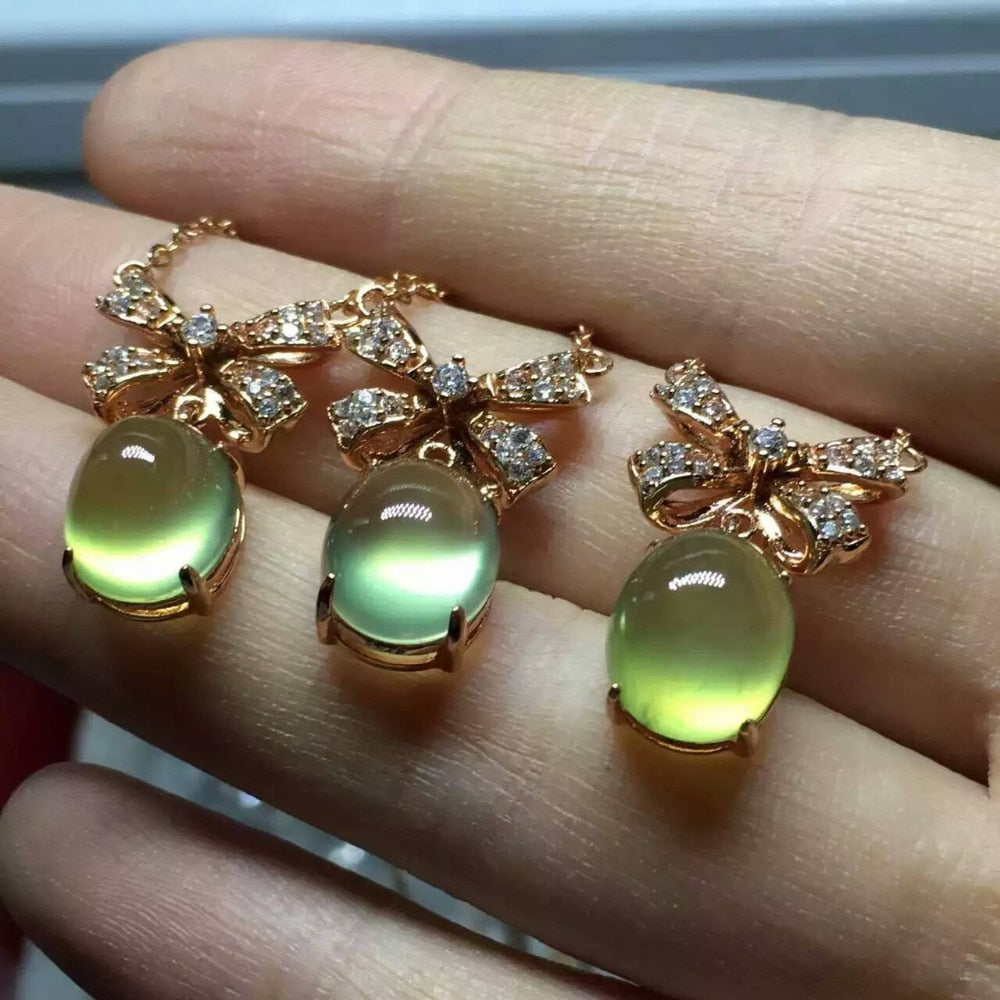 Natural green prehnite stone Necklace natural gemstone Pendant Necklace S925 silver Fashion trendy butterfly Bow Jewelry