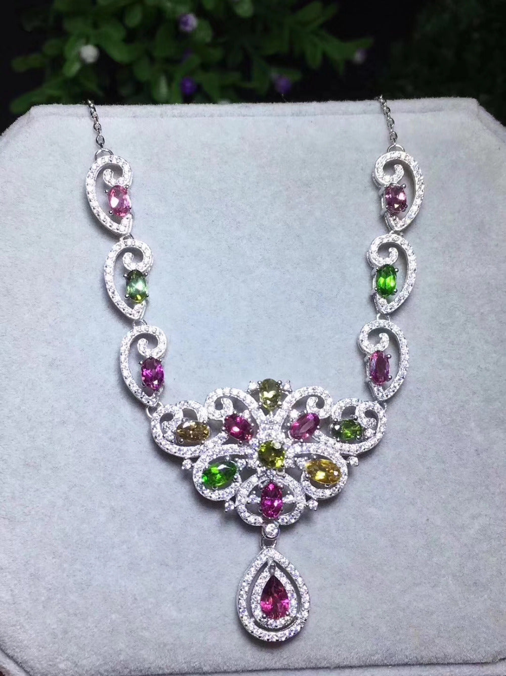 Natural multicolor Tourmaline Necklace natural gemstone Elegant Flower butterfly Pendant Necklace S925 silver women fine Jewelry