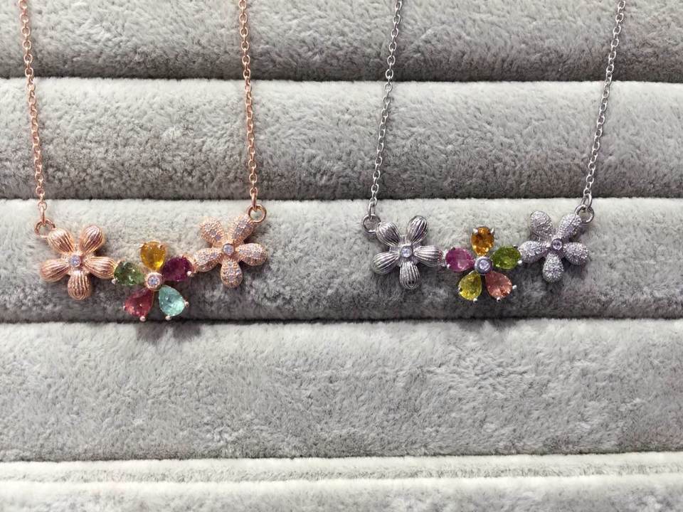 Natural multicolor tourmal Necklace Natural Gemstone Pendant Necklace S925 sliver women Luxury trendy Flowers party fine Jewelry