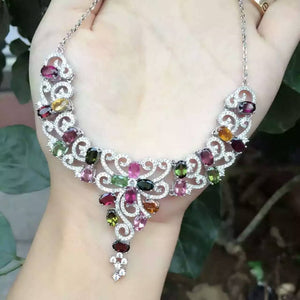 Natural multicolor tourmalin Necklace natural gemstone Pendant Necklace S925 silver trendy luxurious Flowers women party Jewelry