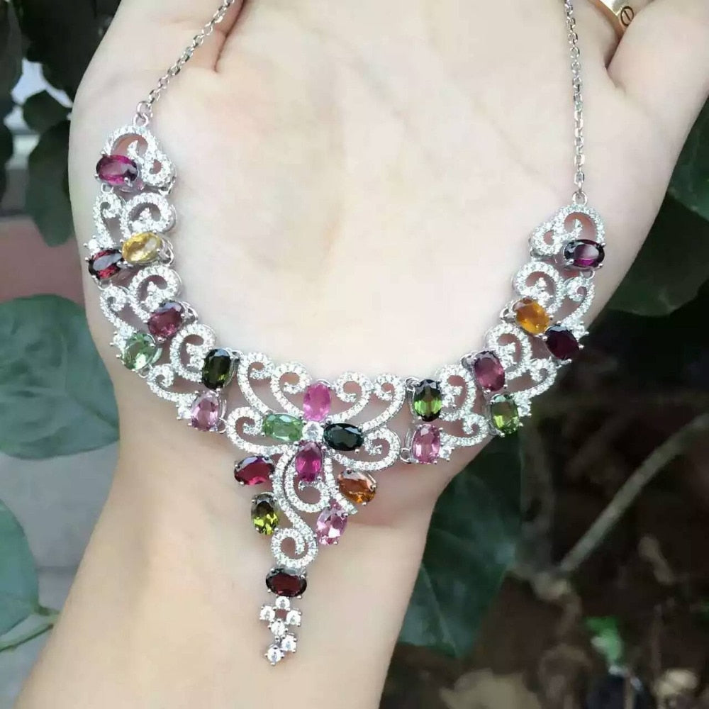 Natural multicolor tourmalin Necklace natural gemstone Pendant Necklace S925 silver trendy luxurious Flowers women party Jewelry