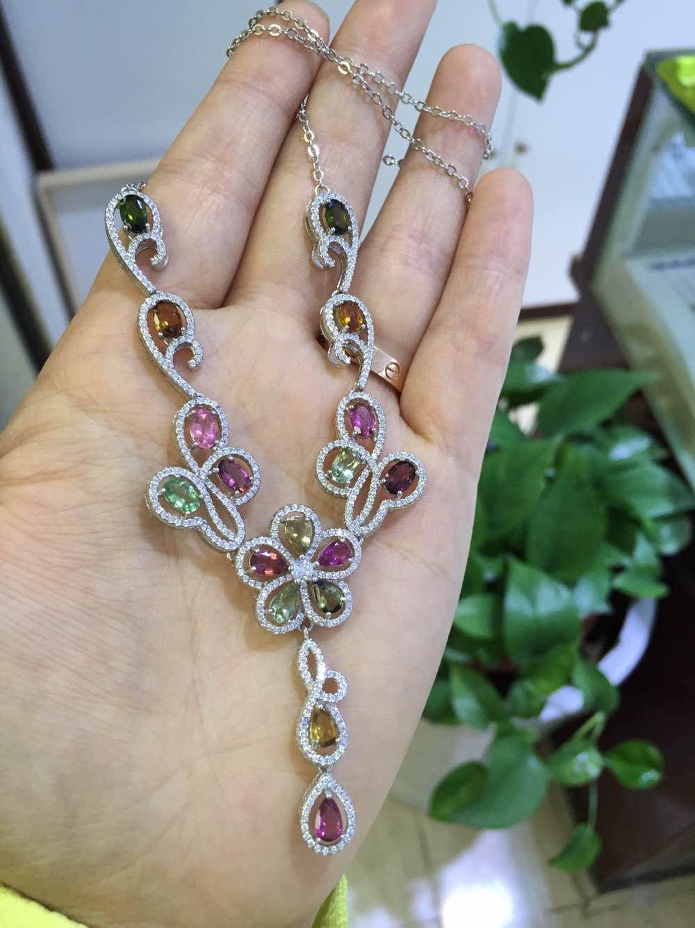Natural multicolor tourmaline Necklace Natural Gemstone Pendant Necklace 925 sliver trendy Luxury Flowers women party Jewelry
