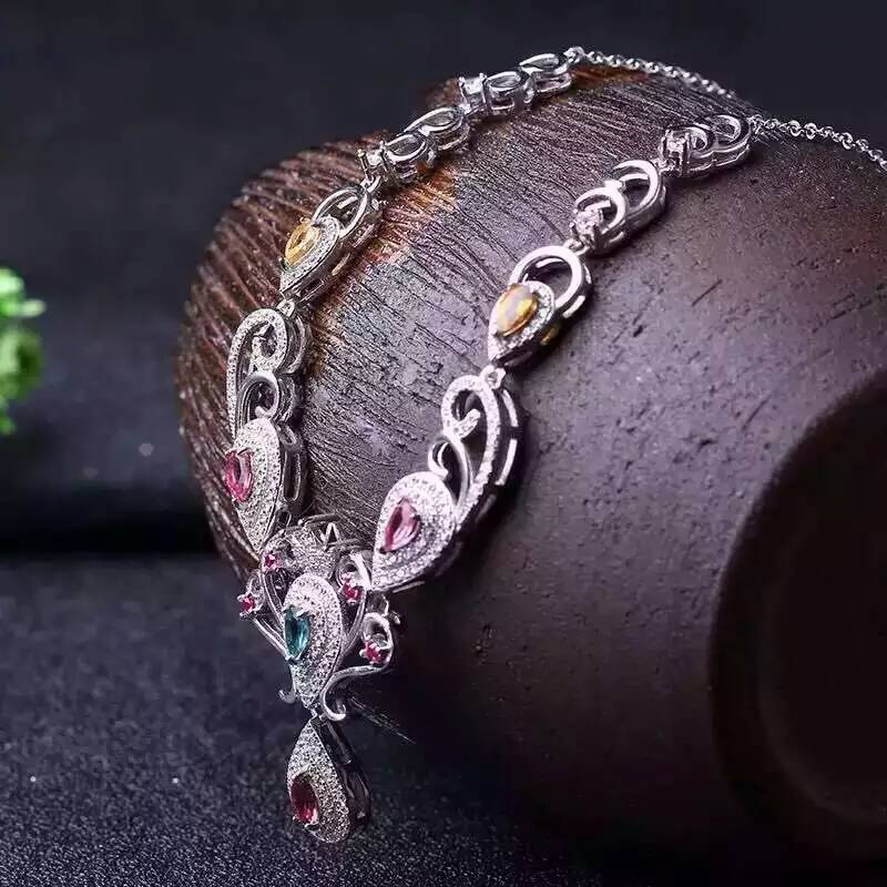 Natural multicolor tourmaline Necklace Natural Gemstone Pendant Necklace S925 sliver trendy Luxury Crown women party Jewelry